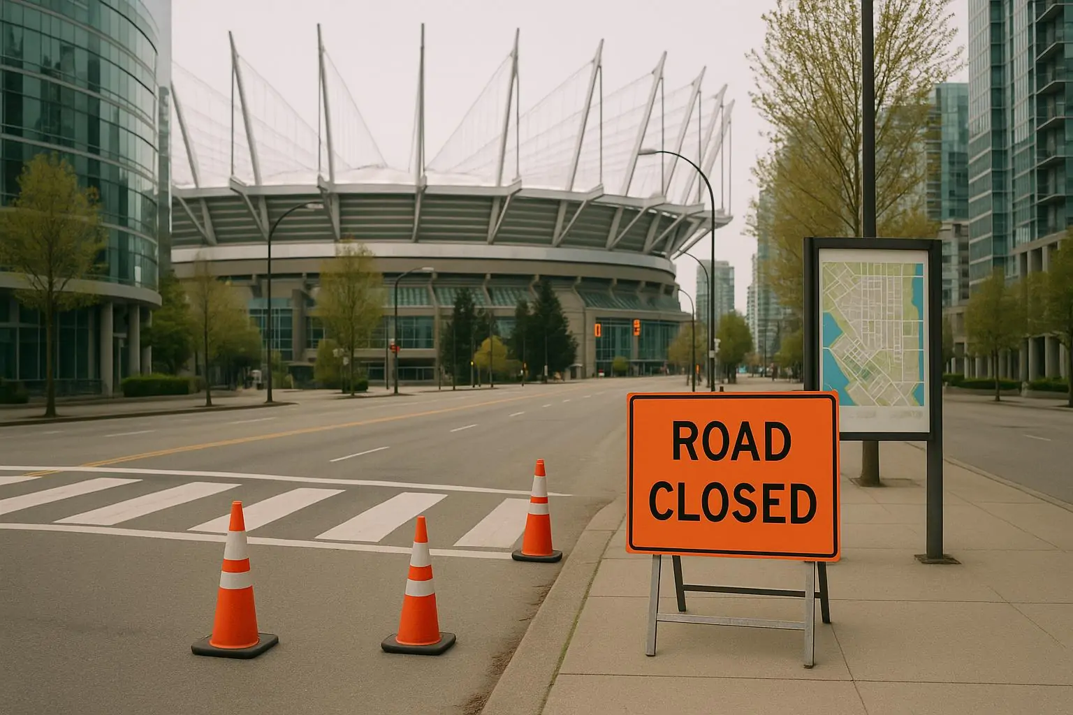 Тихая улица у стадиона BC Place в Ванкувере с табличкой о перекрытии и конусами, ясный день