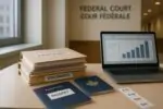 Папки с визовыми делами и ноутбук с растущим графиком на фоне размытых указателей Federal Court, Канада