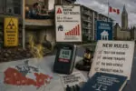 Тест на радон на фоне домов соцжилья: контейнер для измерений и чек-лист на столе при дневном свете
