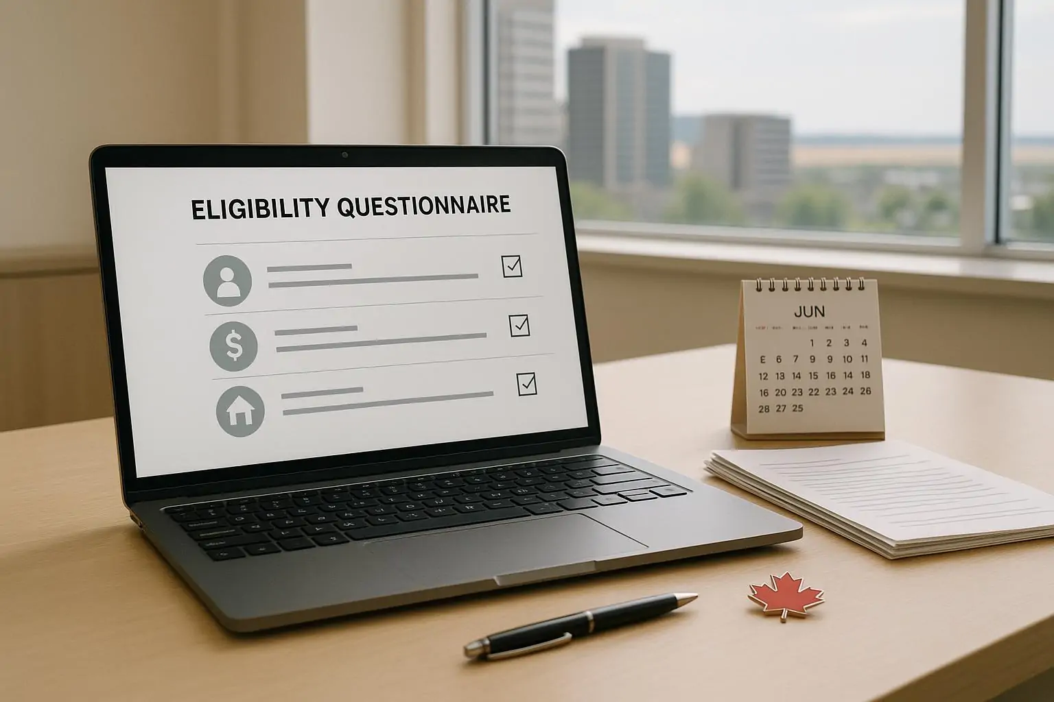Ноутбук с нейтральной анкетой eligibility на столе и аккуратными документами, светлый офисный фон