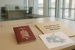 Канадский паспорт и папка с документами на столе, рядом карта Канады с выделенной Альбертой