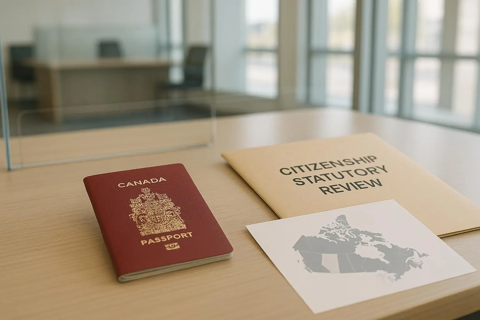 Канадский паспорт и папка с документами на столе, рядом карта Канады с выделенной Альбертой