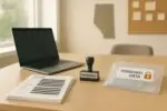Папки с редактированными данными и закрытый ноутбук на столе в офисе, символ контроля приватности в Альберте.