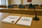 Документы о референдуме и договорных обязательствах рядом с микрофоном в светлом зале заседаний