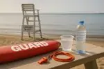 Спокойный пляжный пост спасателей: спасательный буй и свисток рядом с пустым стаканом, без людей