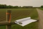 Канадское поле с межевым маркером и развернутым планом, вдали проходит поезд как символ проекта Alto