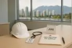 Натюрморт в офисе: каска, стетоскоп и папка «Invitation to Apply» на фоне Британской Колумбии