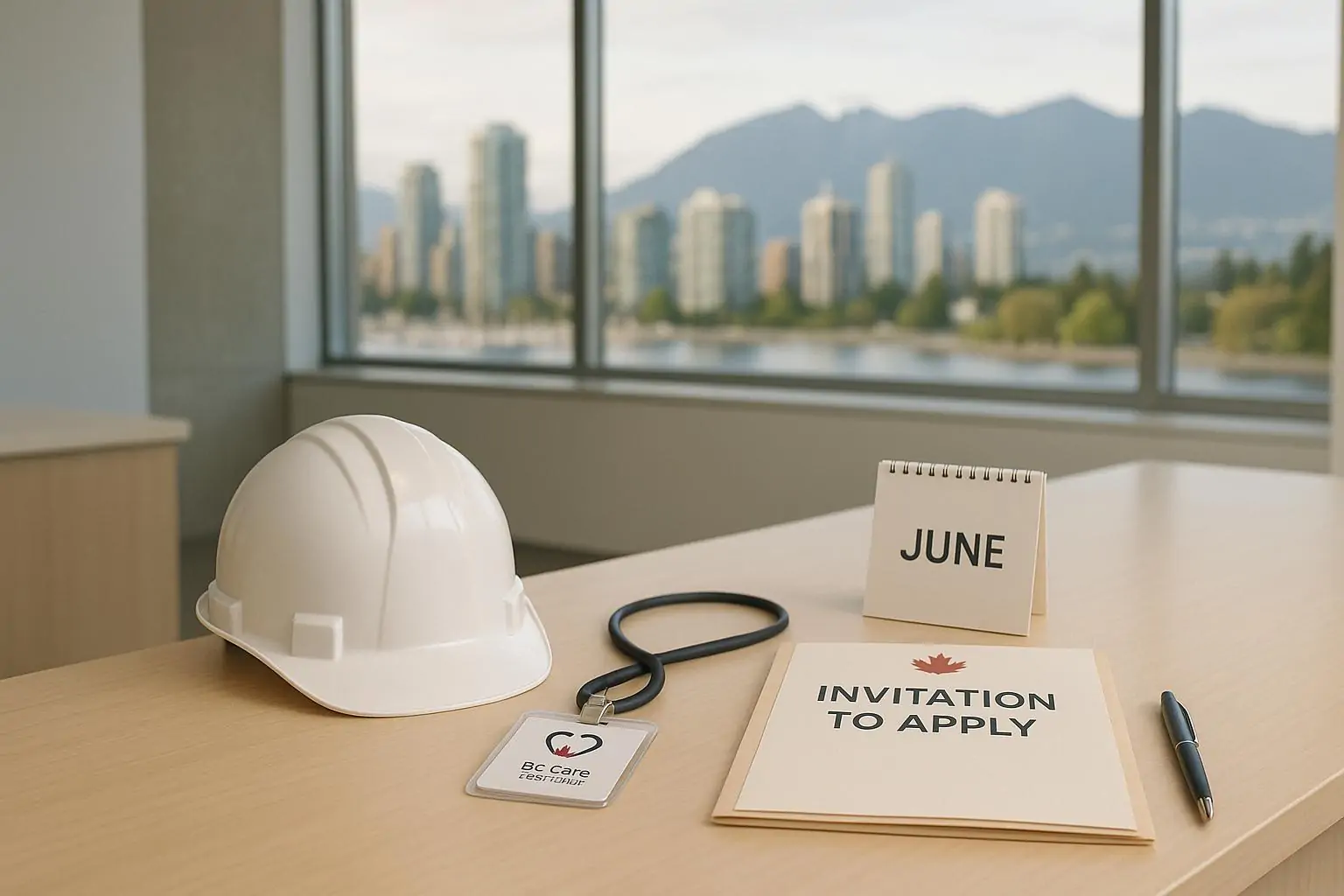 Натюрморт в офисе: каска, стетоскоп и папка «Invitation to Apply» на фоне Британской Колумбии