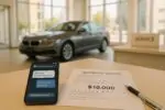 Смартфон с перепиской чат-бота и листом оценки выкупа авто на столе в светлом автосалоне