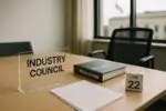 Пустой переговорный стол с папкой «Regulations» и отчётами, мягкий дневной свет, намёк на Канаду
