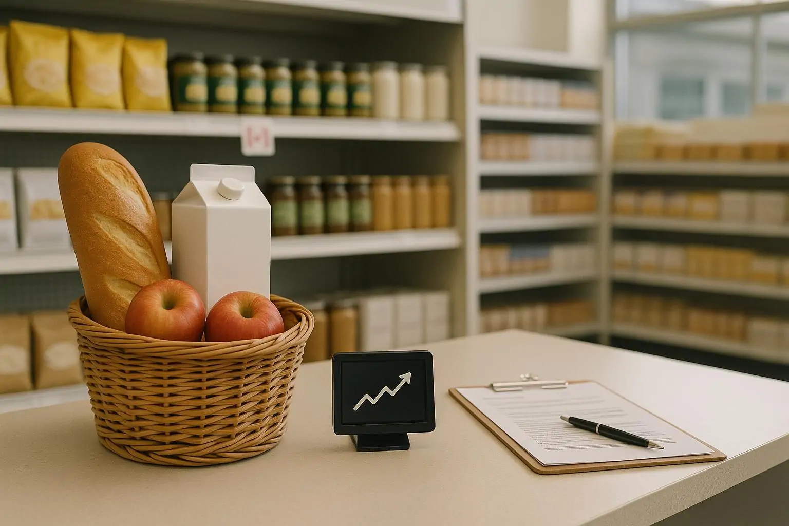 Нейтральная сцена в канадском супермаркете: корзина с продуктами, ценник с графиком и папка проверки.