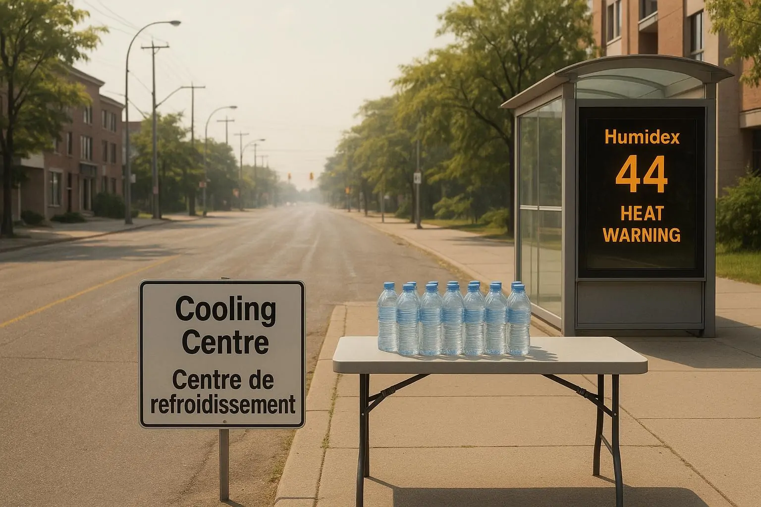 Жаркий летний городской пейзаж в Канаде: табло с humidex 44 и пункт с водой у центра охлаждения