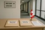 Папки «военная полиция» и «гражданская юстиция» рядом с документом о реформе, дневной свет