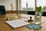 Папки с правительственными документами и банка с листом «пестицид, временное исключение» в светлом офисе