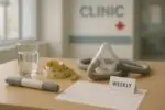 На столе в клинике лежат CPAP‑маска, инъекционная ручка и график сна, мягкий дневной свет