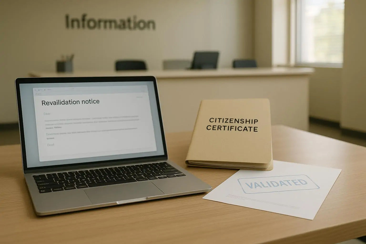 На столе в офисе лежит папка «Citizenship Certificate» и письмо о повторной валидации, мягкий дневной свет.
