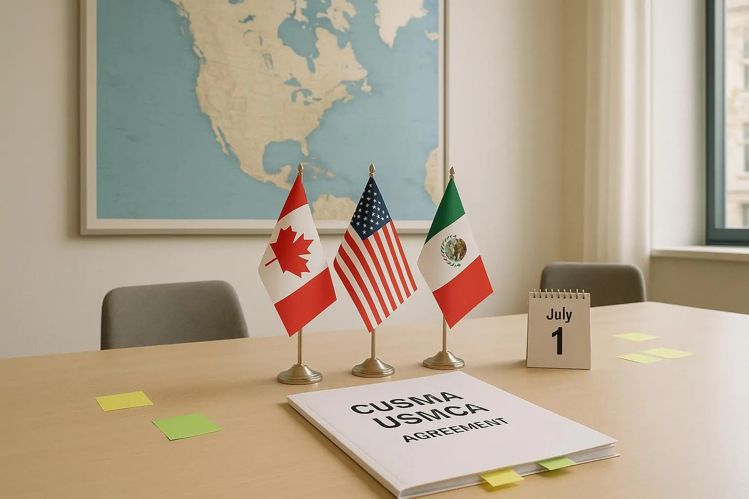 Папка с надписью CUSMA/USMCA, флаги США, Канады и Мексики и календарь с датой 1 июля на столе