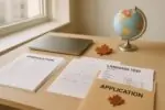 Аккуратный офисный стол с документами для иммиграции, календарём на 12–18 месяцев и символикой Канады