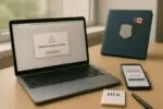 Ноутбук с нейтральным всплывающим «обновлением» и экраном MFA на телефоне в светлом офисе
