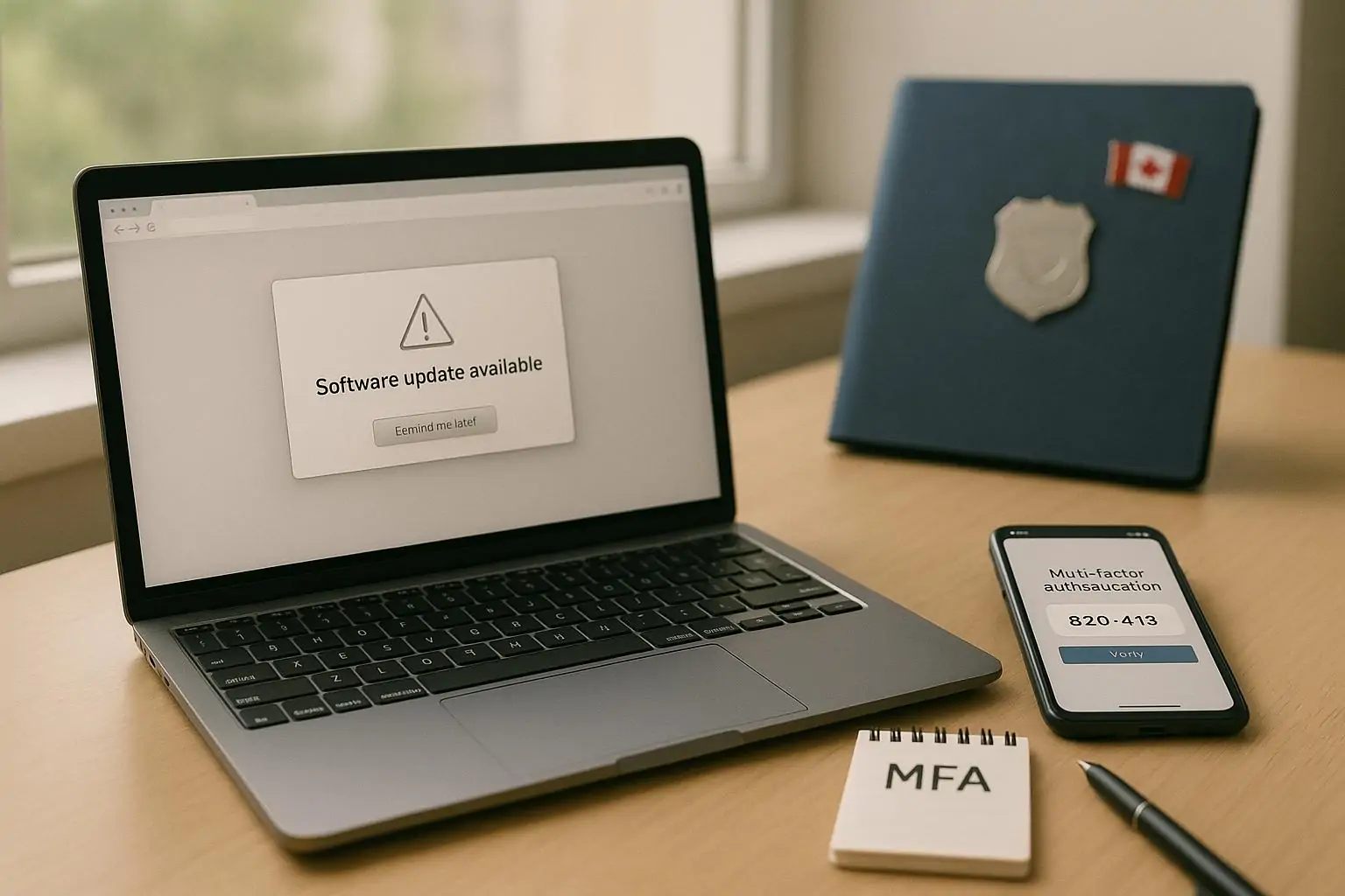 Ноутбук с нейтральным всплывающим «обновлением» и экраном MFA на телефоне в светлом офисе