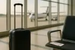 Тихая зона аэропорта с чемоданом и посадочным талоном на фоне самолёта, символ вынужденной посадки
