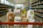 Тележка с базовыми продуктами и ценниками в канадском супермаркете, намёк на рост стоимости еды
