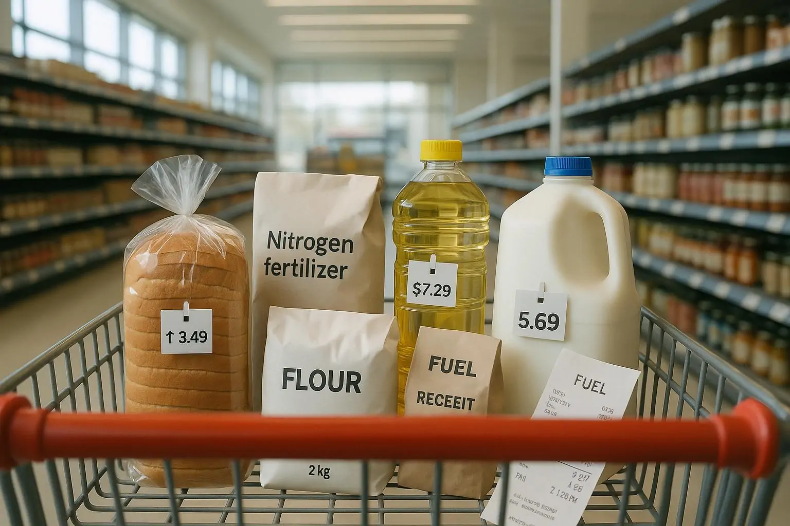 Тележка с базовыми продуктами и ценниками в канадском супермаркете, намёк на рост стоимости еды