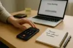 Смартфон на столе рядом с блокнотом «Пауза и перезвони по официальному номеру», дневной свет