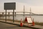 Широкий дневной вид на почти готовый современный мост у границы, с нейтральными знаками о скором открытии