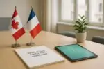 Стол переговоров с флагами Канады и Франции и папкой о защите информации, символ сотрудничества