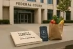 Папка «Court Order» на скамейке у здания суда, рядом телефон с «signal lost» и пакет с фруктами