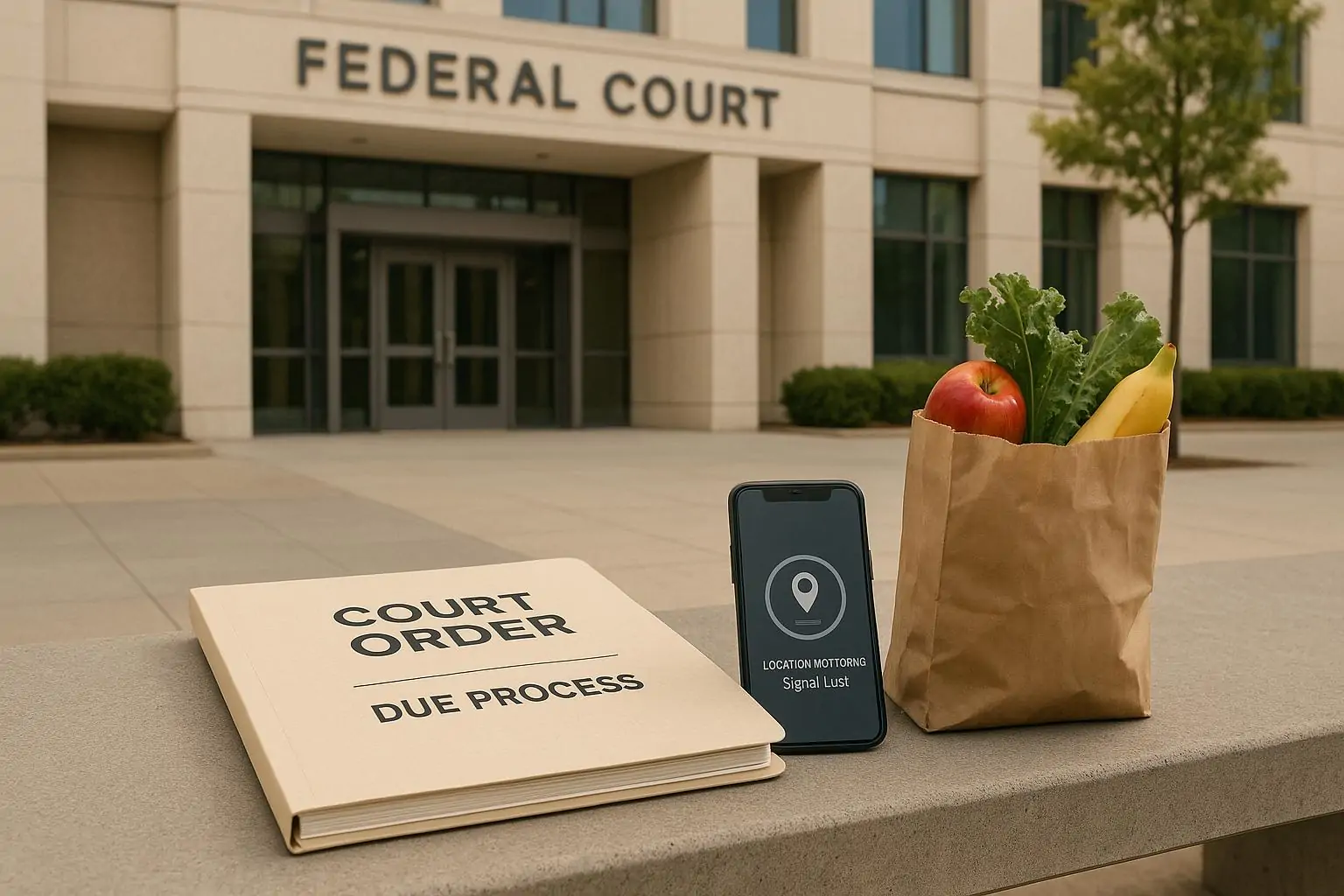 Папка «Court Order» на скамейке у здания суда, рядом телефон с «signal lost» и пакет с фруктами