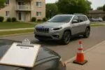 Внедорожник припаркован на улице на расстоянии от зданий; на переднем плане лист сервисного отзыва