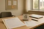 Папка с документами и календарь на 11 июня на столе в офисе университета, символ изменений иммиграционных правил