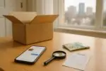 Смартфон с перепиской о продаже и коробка на столе рядом с канадскими купюрами и лупой при дневном свете