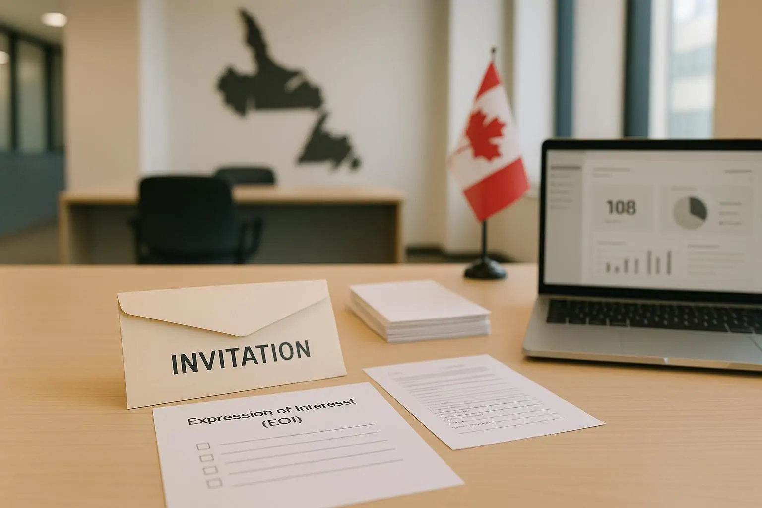 Стол в современном офисе с письмом «Invitation», формой EOI и картой Ньюфаундленда на фоне