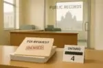 Папка FOI с печатью «отказано» и частично скрытый календарь на столе в светлом офисе госуслуг