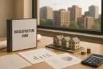 Стол с картой города, папкой «Infrastructure Fund», макетом домов и монетами на фоне светлого города