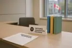 Стол в сервисном офисе Онтарио с формой на ПМЖ и тремя папками, символизирующими новые маршруты