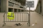 Вход на современный стадион в Торонто днём: барьер и сигнальный жилет, спокойная обстановка.
