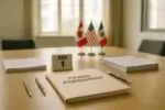 Папка «Trade Agreement» и календарь с датой 1 июля на столе, на фоне размытых флагов Канады, США и Мексики