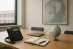 Современный офисный стол с защищённым телефоном, блокнотом и небольшим глобусом с Арктикой в мягком дневном свете