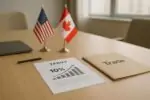 Документ о торговых тарифах на столе рядом с флажками США и Канады в светлом офисе, дневной свет