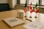 Папка с надписью USMCA и календарь с отмеченным 1 июля на столе, рядом флажки США, Канады и Мексики.