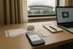 Смартфон с сообщением об аннулированном электронном билете рядом с чеками и поездкой, стадион вдали