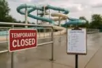 Закрытая зона очереди в аквапарке с табличкой «Временно закрыто» и листом проверки безопасности