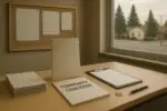 Спокойная комната для общественных встреч в северном Онтарио: стол с листовками и доска объявлений