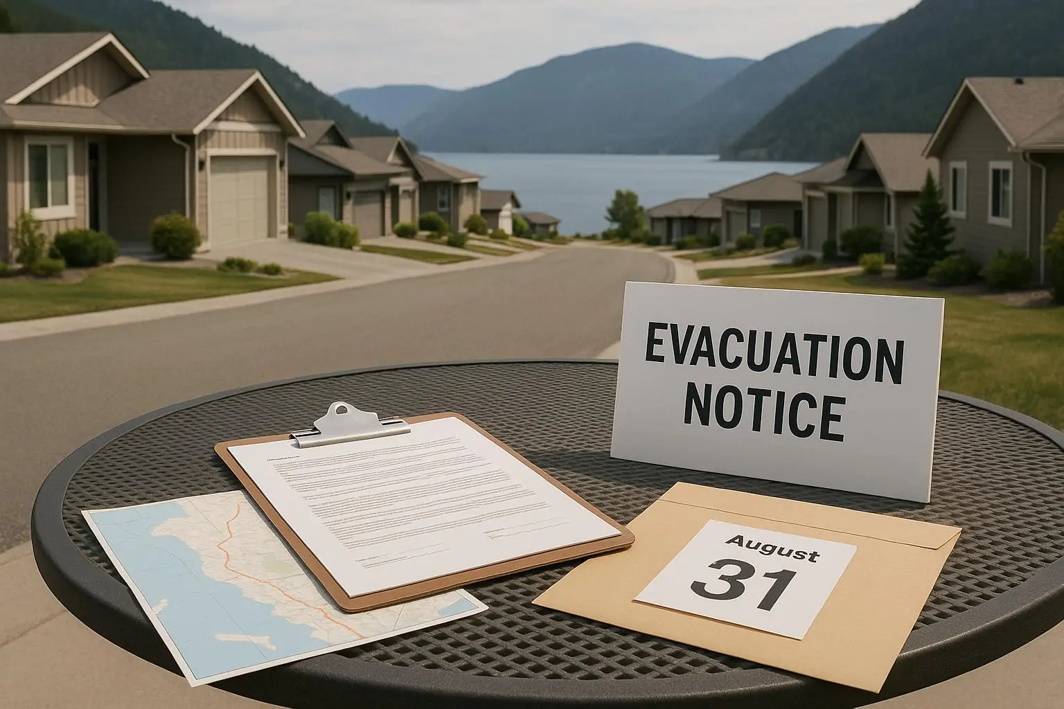 Папка с судебными документами и табличка «Evacuation notice» на столе на фоне тихого посёлка у озера
