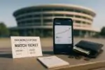 Билет и смартфон с графиком роста цен рядом с почти пустым кошельком на фоне стадиона днём