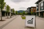 Тихая современная площадь в пригороде Ванкувера с инфостендом и мягким дневным светом, символ безопасности